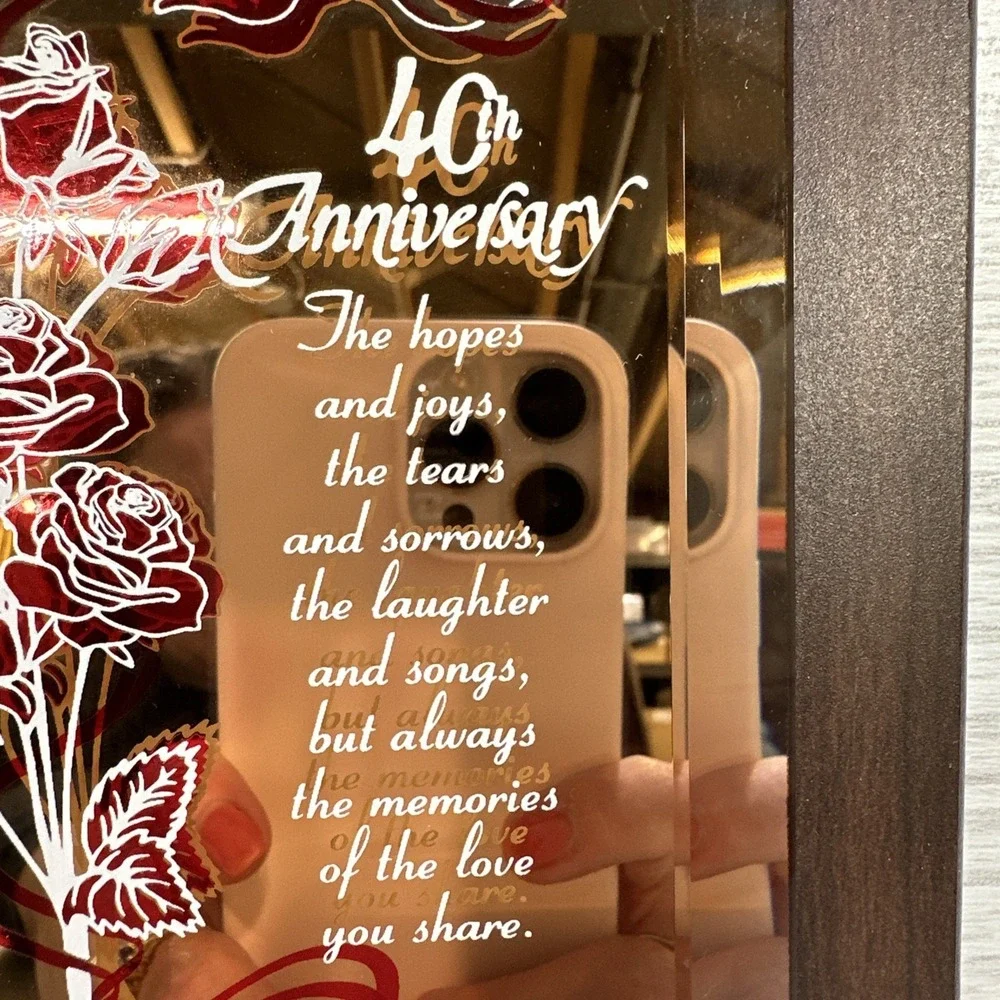 DARCA GLASS 40th Anniversary Glass Mirror Plaque‎ on Wood 7.75x5.75